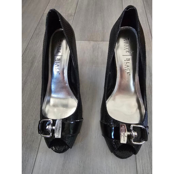 White House Black Market Shoes - White House Black Market Size 8 Carrie Ann Peeptoe Heel Black Silver Buckle Pump